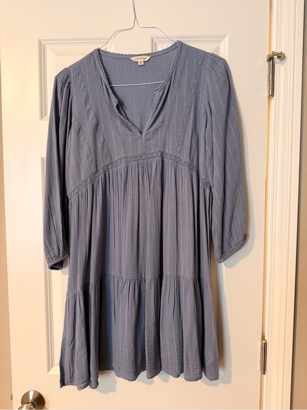 Lucky Brand Dusty Blue Tiered V-Neck Long Sleeve Dress